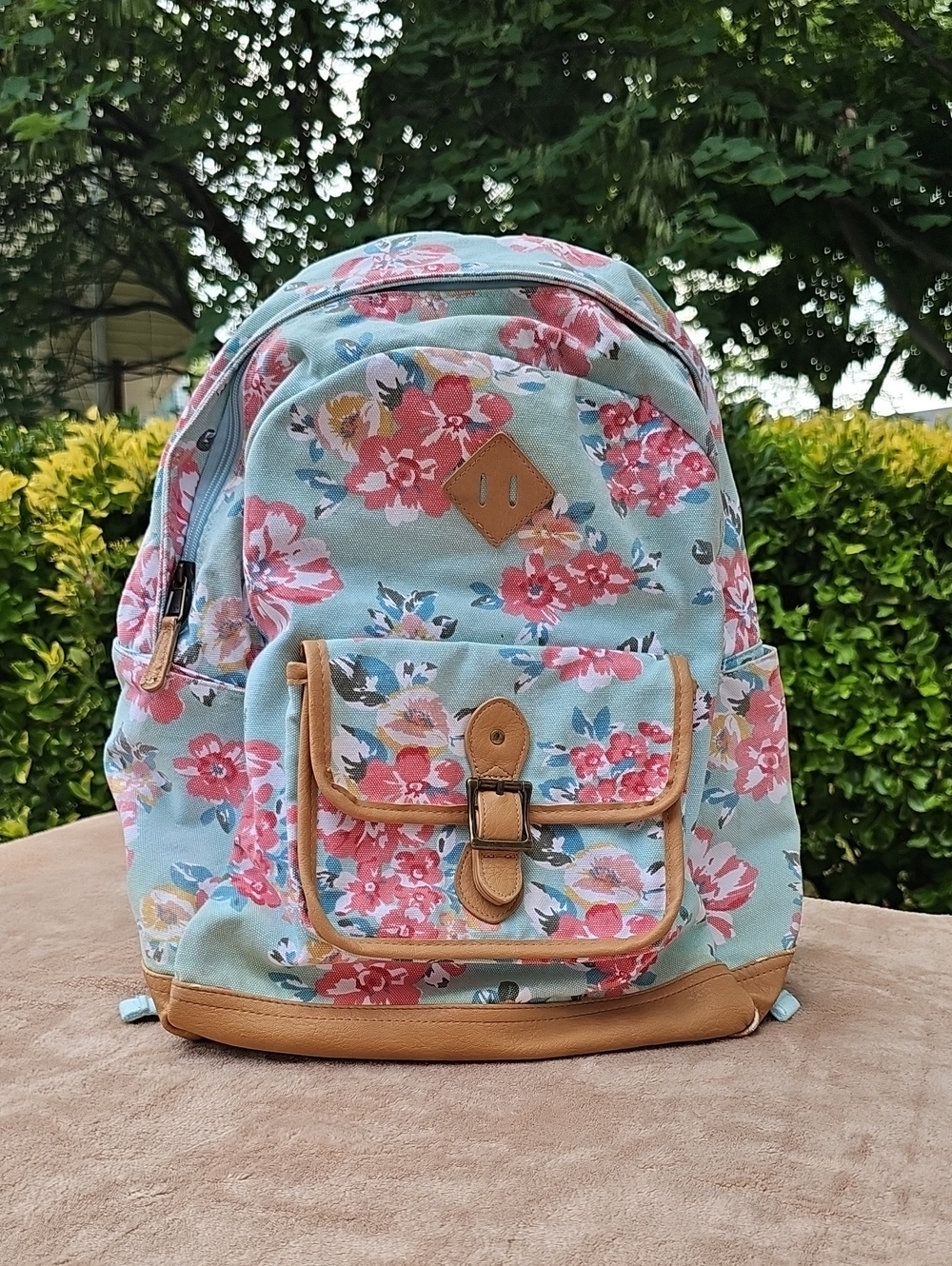 Pottery Barn Teen Floral Canvas Backpack with Tan Trim - Light Green